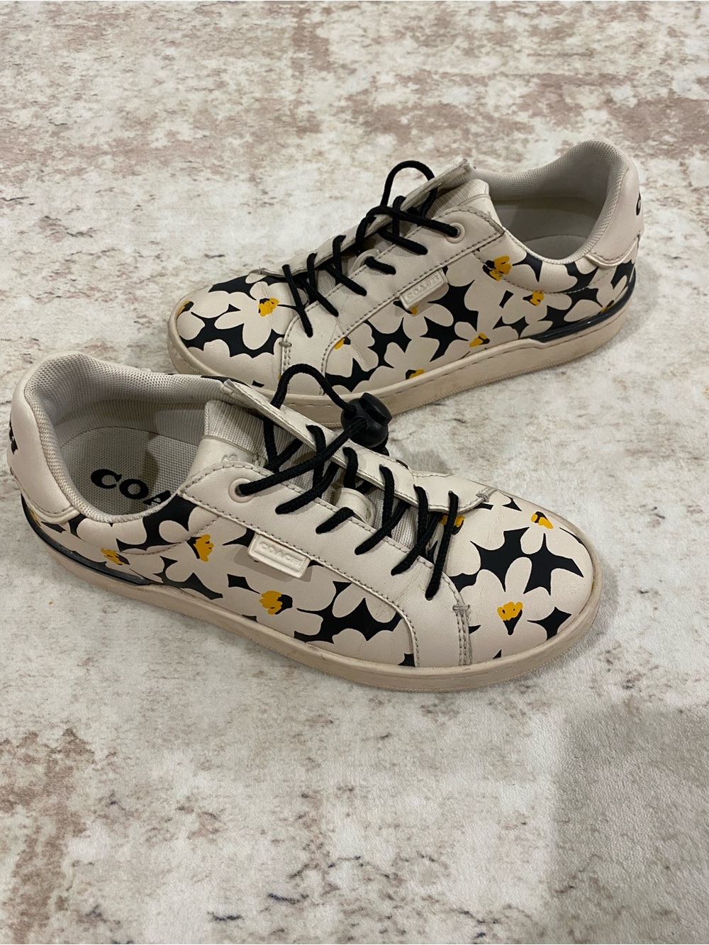 Coach Floral Leather Low-Top Sneakers in Cream, Black & Yellow